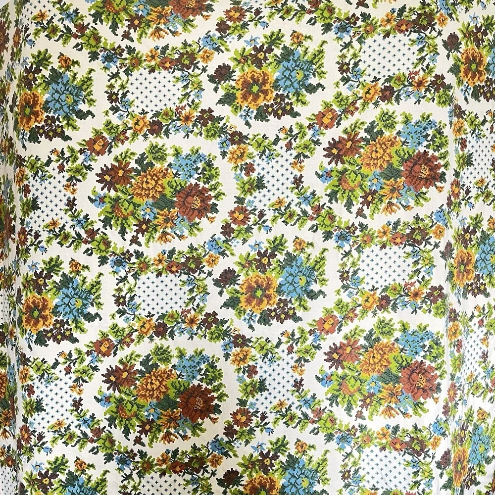 Vintage 70s colorful faux cross stitch floral fabric tablecloth retro 58x98